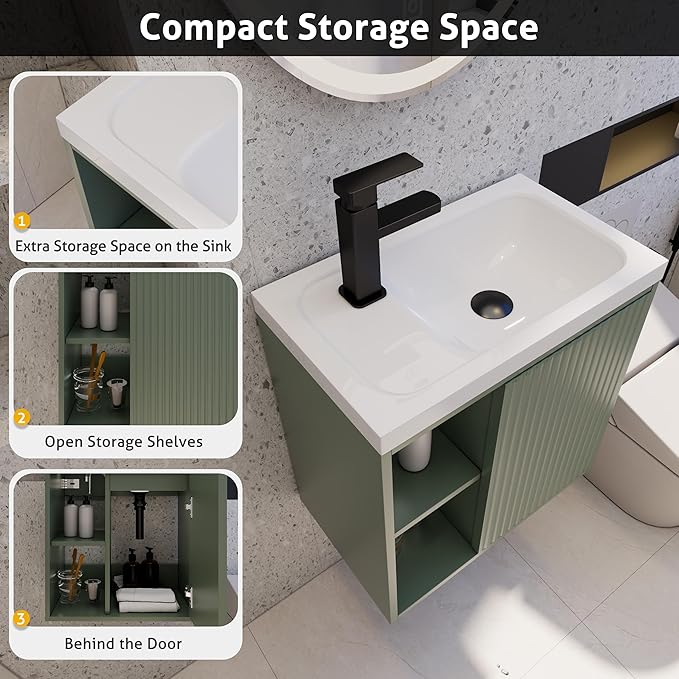eclife 20" Floating Bathroom Vanity Sink Combo for Small Space, Wall-Mounted Guest Toilet Wash Basin Cabinet with Opening Shelf, Soft Closing Door, Gray Green Painted