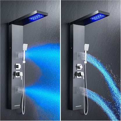 MENATT Stainless Steel Shower Tower Panel System with LED Waterfall Shower, 5-in-1 Shower Panels with Rainfall Shower Head, 2-in-1 Body Jets,Handheld Showerhead,Bathtub Filler (Black)