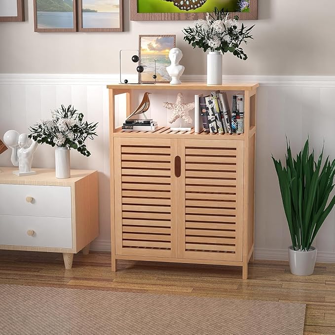 Bamboo Bathroom Storage Cabinet with 2 Doors, Bathroom Floor Freestanding Cabinets Organizer for Living Room, Kitchen, Entryway