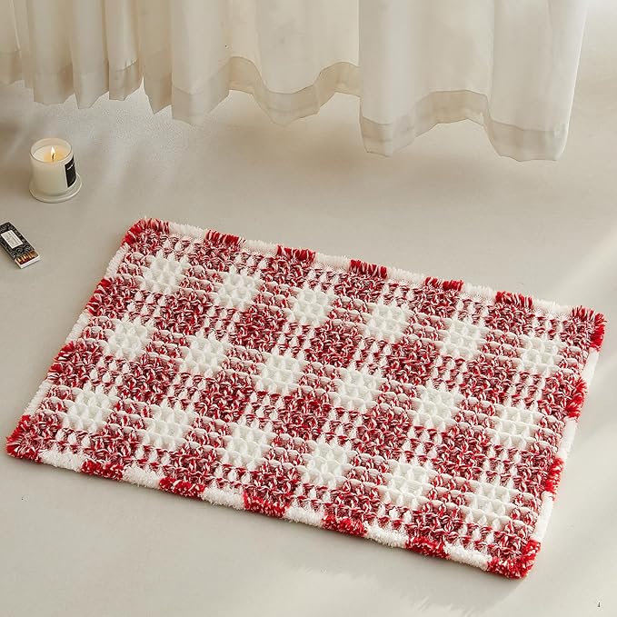 TYUU Small Christmas Bathroom Rug, Cute Waffle Bath Mat, 24x16 Red & White | Super Absorbent Quick Dry Bath Rug, Non-Slip Backing, Soft Waffle Washable Farmhouse Bathroom Mats, Tub, Shower & Home Decor