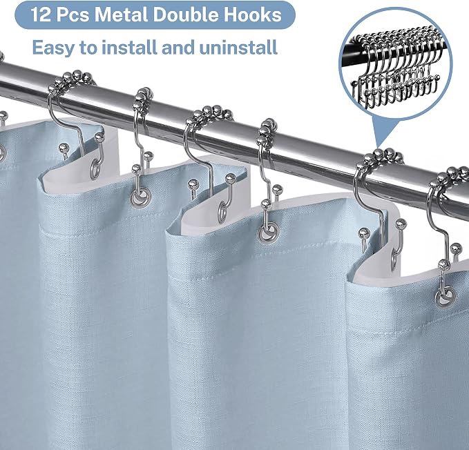 3 in 1 Shower Curtain Set, Fog Blue Boho Shower Curtain and Clear Liner Set with 12 Double Sided Shower Curtain Hooks, Cloth Shower Curtains for Bathroom,Waterproof, 72" W*72" H