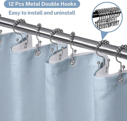 3 in 1 Shower Curtain Set, Fog Blue Boho Shower Curtain and Clear Liner Set with 12 Double Sided Shower Curtain Hooks, Cloth Shower Curtains for Bathroom,Waterproof, 72" W*72" H