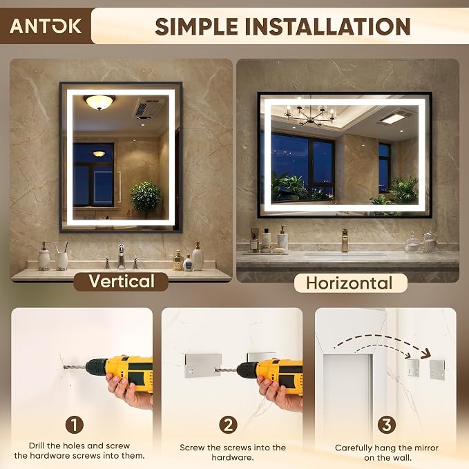 Antok 24X32 LED Bathroom Mirror with Lights, Vanity Mirror for Wall with Black Frame, Touch Control, Anti-Fog, Dimmable Lights, Shatter-Proof, Memory Function, Wall-Mounted Vanity Mirrors