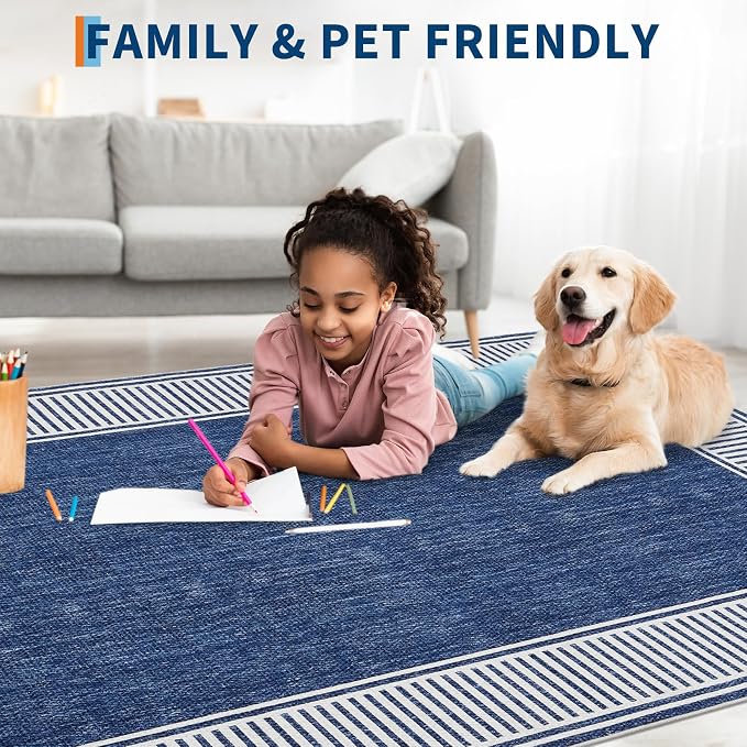 Garvee Modern Bordered Neutral Rugs for Living Room 8x10 Washable Rug Blue | Large Non Slip Low Pile Soft Carpet Foldable Non-Shedding Woven Printed Floor Cover for Bedroom Playroom Nursery Office Dorm