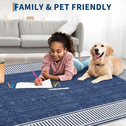 Garvee Modern Bordered Neutral Rugs for Living Room 8x10 Washable Rug Blue | Large Non Slip Low Pile Soft Carpet Foldable Non-Shedding Woven Printed Floor Cover for Bedroom Playroom Nursery Office Dorm