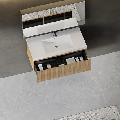 42" Floating Bathroom Vanity with Sink, Wall-Mounted Modern Oak Storage Cabinet, Wave-Textured Soft-Close Drawer & Glossy White Solid Surface Basin, Natural Oak