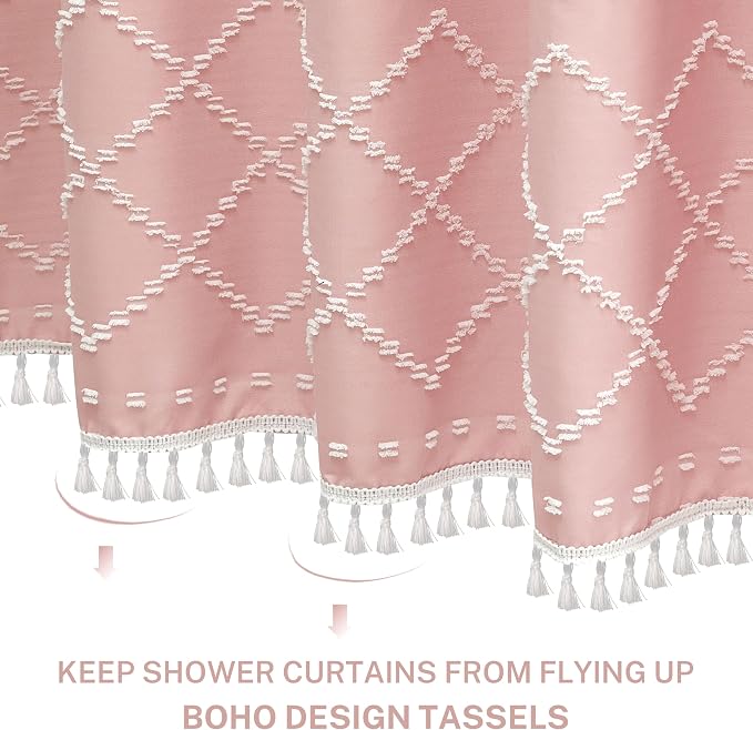 Siiluminisoy Boho Pink Textured Shower Curtain with Tassels 72 x 72 Tufted Chevron Striped Chenille Woven Fabric Cloth Shower Curtain Modern Farmhouse Minimalist, Shabby Chic Home Decor for Bathroom