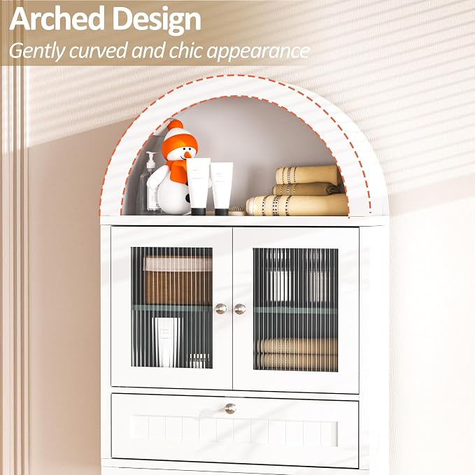 Spurgehom Over The Toilet Storage Cabinet with Glass Door (White) | Freestanding Bathroom Shelf Equipped with Anti-Tipping Device, Space-Saving Vertical Toiletries Storage Cabinet