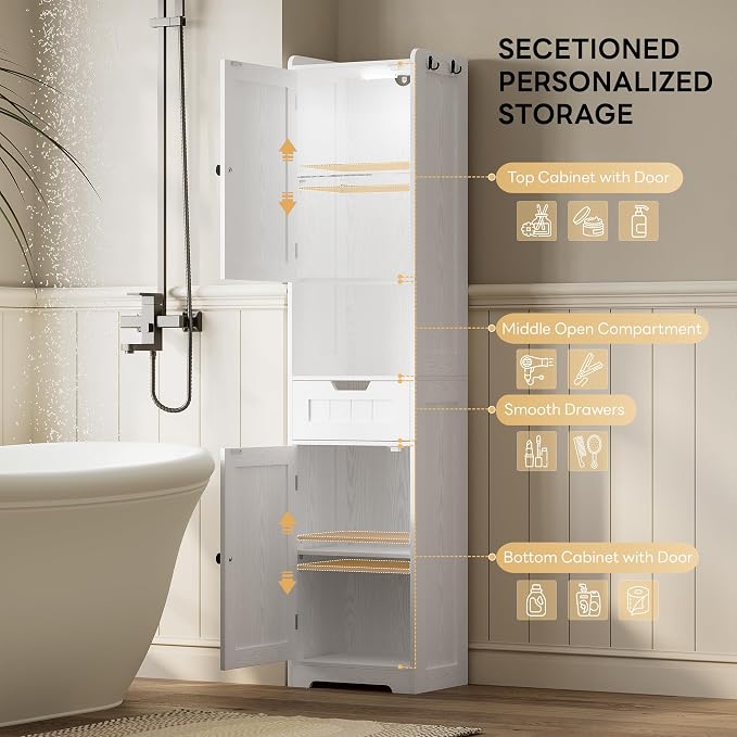 LIKIMIO Tall Bathroom Storage Cabinet with Lights, 2 Doors and 1 Drawer | Narrow Bathroom Storage Cabinet with Adjustable Shelves, 2 Hook, Slim Freestanding Cabinet for Small Space, 15.7" Wide, White