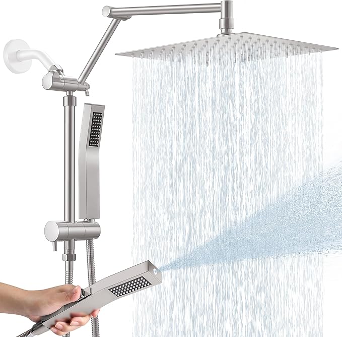All Metal 10 Inch Rain Shower Head with Handheld Spray Combo, High Pressure Waterfall Rainfall Square Shower Heads with 16" Adjustable Extension Arm, Dual Showerhead with 3-Way Diverter,Brushed Nickel