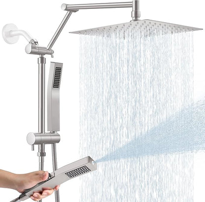 All Metal 10 Inch Rain Shower Head with Handheld Spray Combo, High Pressure Waterfall Rainfall Square Shower Heads with 16" Adjustable Extension Arm, Dual Showerhead with 3-Way Diverter,Brushed Nickel