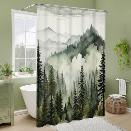 Litabel Dark Green Misty Pine Forest Shower Curtain, Mountain Foggy Woodland Scenery Tree Shower Curtains for Chic Rustic Bathroom, Abstract Modern Waterproof Nature-Themed Decor, 72x72 Inches