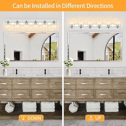 6 Light Modern Bathroom Light Fixtures Over Mirror, Chrome Vanity Lights for Bathroom Wall Sconces with Clear Glass Shades, E26 Socket (Bulbs Not Included)