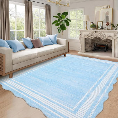 Garvee Washable Rug 8x10 Blue Girls Rugs for Bedroom Soft Rugs | Non Slip Low Pile Solid Neutral Soft Carpet, Modern Scalloped Pattern, Faux Wool Floor Mats for Dining Room Home Office