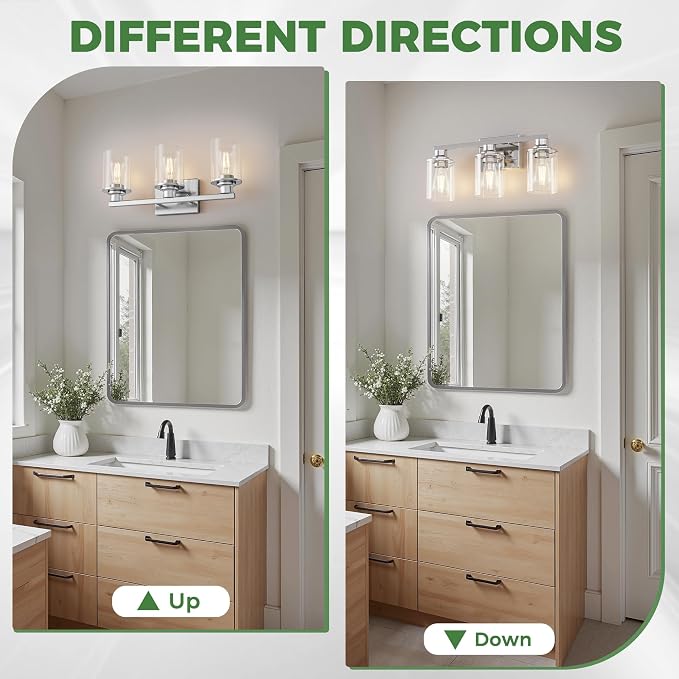 DORESshop 17 Inch 3-Light Chrome Bathroom Vanity Light Over Mirror | Modern Vanity Mirror Light, Brushed Chrome Vanity Light with Clear Glass Shade, Wall Mount Lighting for Bedroom Living Room