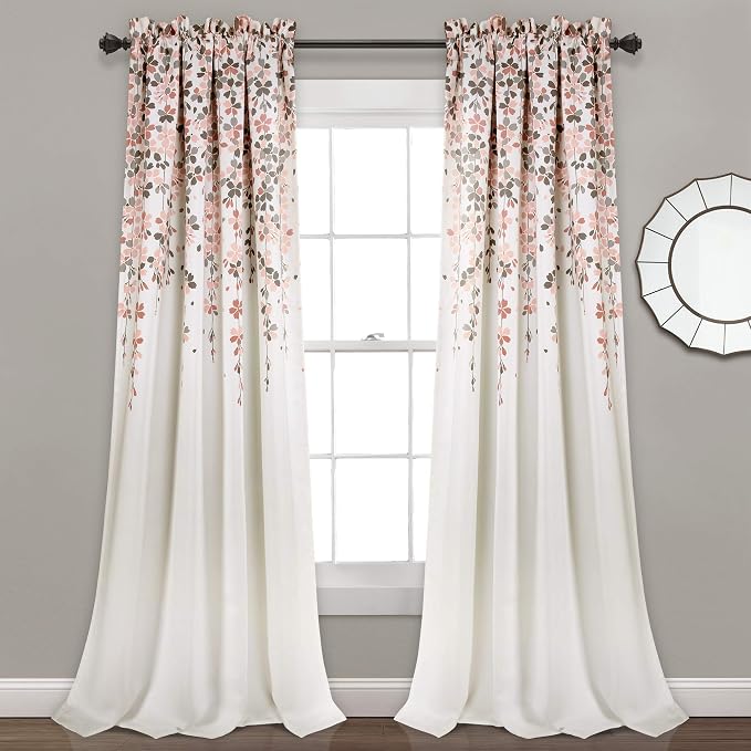 Lush Decor Weeping Flower Light Filtering Window Curtain Panels, Pair, 52"W x 84"L + 2" Header, Blush & Gray - Charming Modern Floral Curtains for Living Room, Dining Room, & Bedroom