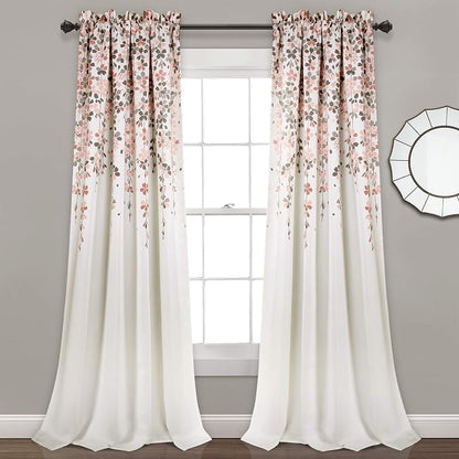 Lush Decor Weeping Flower Light Filtering Window Curtain Panels, Pair, 52"W x 84"L + 2" Header, Blush & Gray - Charming Modern Floral Curtains for Living Room, Dining Room, & Bedroom