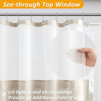 Linen Shower Curtain 72 Inch for Bathroom Beige White Double Layer | 6ft, Curtains with Hook, Snap in Liner, Water Repellent, Boho Farmhouse, Modern Bath Decor, 1 Panel, 72x72
