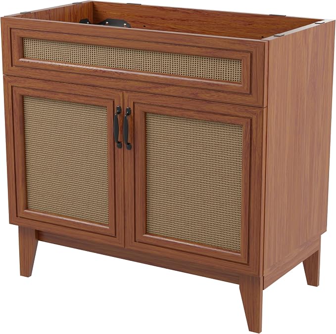 JONATHAN Y Javer Bohemian Rattan Freestanding Bath Vanity, 36", Walnut | 18" Deep, 33" High, 2 Soft-Close Doors, Caned Paneling, 2-Shelf Storage, Basin Not Included, Modern Farmhouse Style