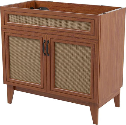 JONATHAN Y Javer Bohemian Rattan Freestanding Bath Vanity, 36", Walnut | 18" Deep, 33" High, 2 Soft-Close Doors, Caned Paneling, 2-Shelf Storage, Basin Not Included, Modern Farmhouse Style