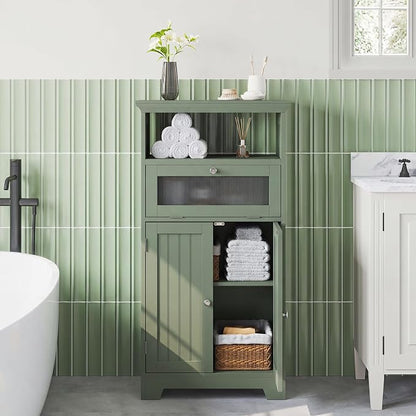 ChooChoo Bathroom Cabinet with Flip Glass Drawer,Freestanding | Adjustable Shelf & 1 Open Storage, Living Room, Hallway, Green