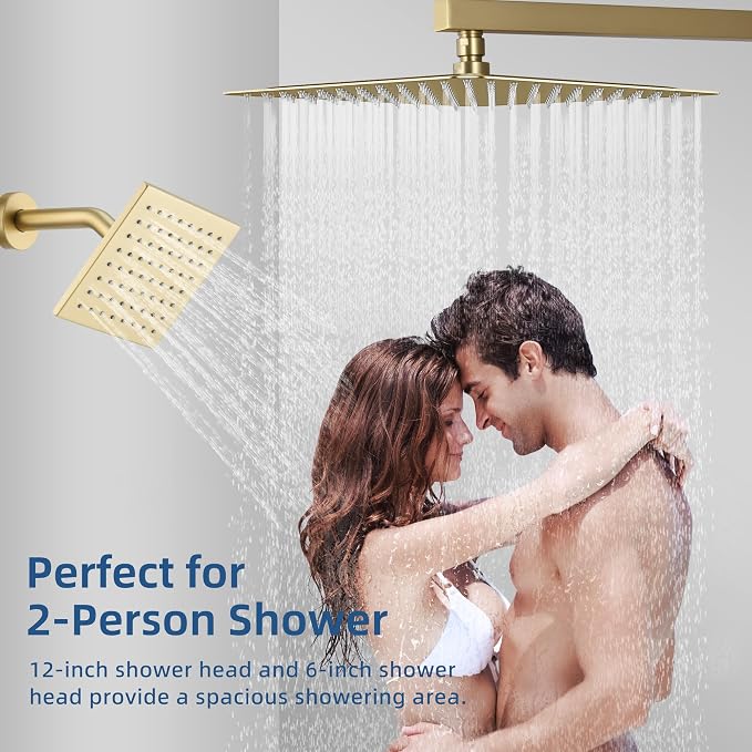 Thermostatic Dual Shower System, Rain Shower Faucet, Brushed Gold | 12 Inch Shower Head, 6 Inch Wall Mount Head, High Pressure Handheld Sprayer, Push Button Valve