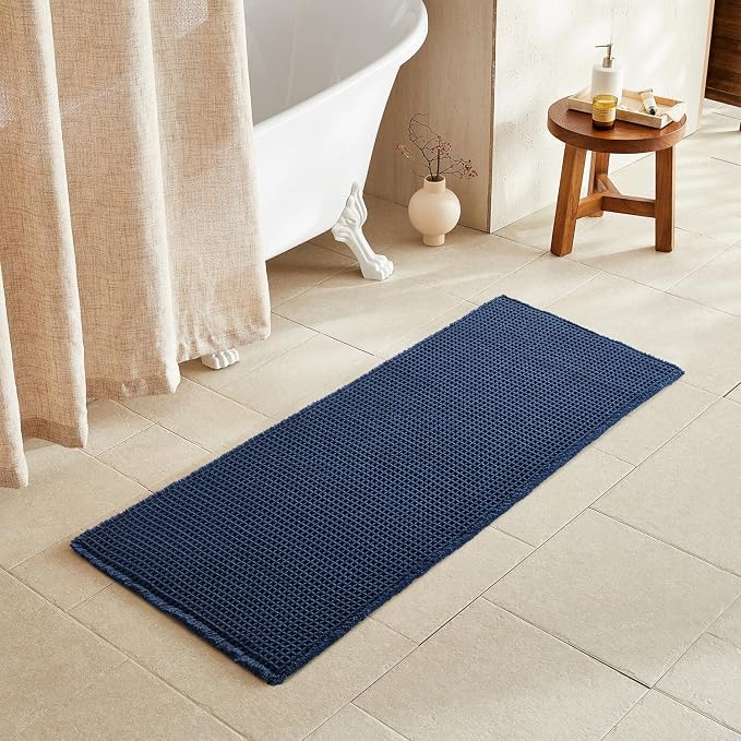 TYUU Waffle Runner Rug Bathroom, Long Boho Bath Mat, 60x24 Navy Blue | Super Absorbent Quick Dry Bath Rug, Non-Slip Backing, Soft Waffle Washable Farmhouse Bathroom Mats, Tub, Shower & Home Decor
