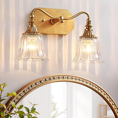 Bathroom Vanity Gold Light Fixture, 2 Lights Bathroom Lighting Matte Antique Brass Finish with Crystal Glass Shade, Gold Vintage Vanity Light for Bathrooms