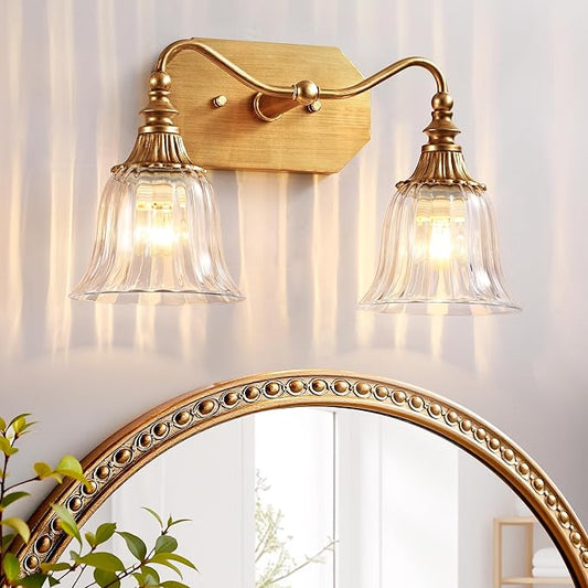 Bathroom Vanity Gold Light Fixture, 2 Lights Bathroom Lighting Matte Antique Brass Finish with Crystal Glass Shade, Gold Vintage Vanity Light for Bathrooms