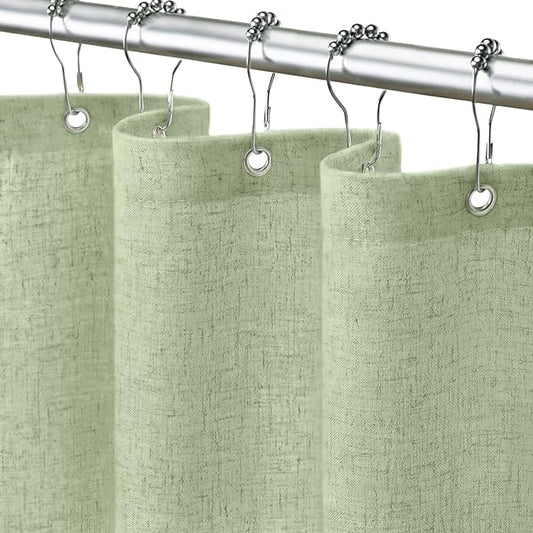 Linen Shower Curtain Flax Green, Fabric Boho Farmhouse Shower Curtains for Bathroom Cotton Natural Cloth Liner Set 72" W x 72" L