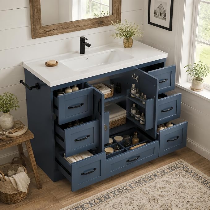 48" Bathroom Vanity with Sink, Freestanding Bathroom Cabinet | Ceramic Top & Backsplash, 7 Storage Drawers, X-Shaped Doors, Adjustable Shelving, Door Storage and Towel Bar, Navy Blue