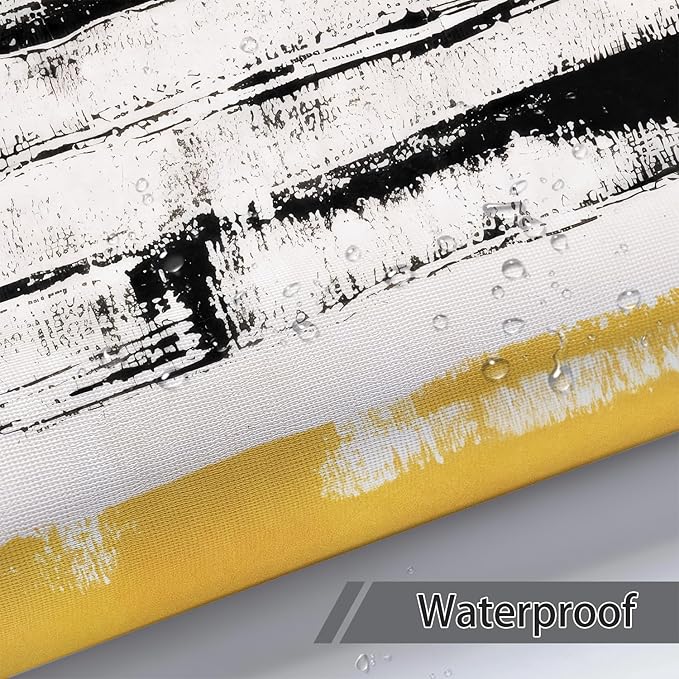 Abstract Boho Shower Curtain, Mid Century Modern Black And Beige Geometric Stripes Shower Curtains Set, Minimalist Aesthetic Art Yellow Polyester Fabric Shower Curtains for Bathroom with Hooks 72X72IN