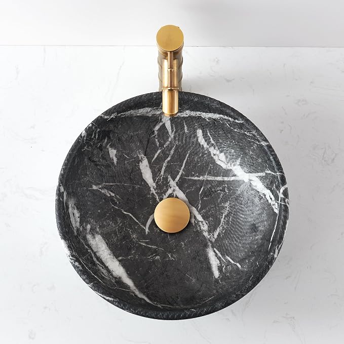 Vessel Sink Round 16 Inch Bathroom Sink, Counter Top Black+ White Marble Color Cloakroom Porcelain Ceramic Vessel Vanity Sinks Art Basin for Bathroom