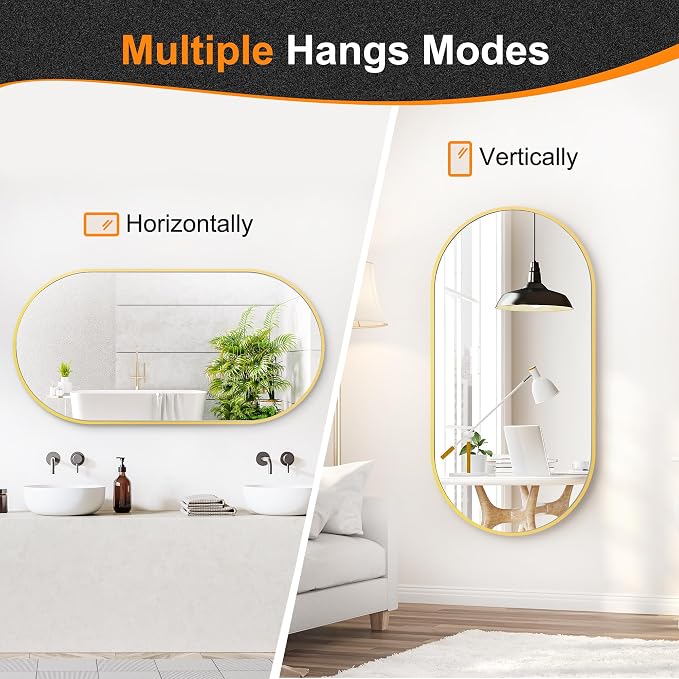 48x24 Gold Oval Bathroom Mirror for Over Sink, Aluminum Frame | HD Reflection No Distortion, Aluminum Frame, Mounting Hardware for Vertical or Horizontal Mount