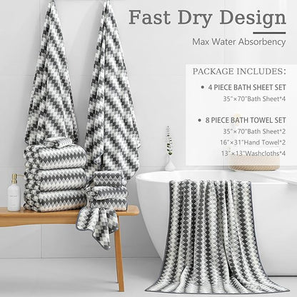 8 Piece Bathroom Towel Set Dark Grey|2 Oversized Large Bath Towels Sheet,2 Hand Towels,4 Washcloths| 600GSM Soft Premium Towel Set for Bathroom Hotel,Highly Absorbent Quick Dry Bath Towel Collections