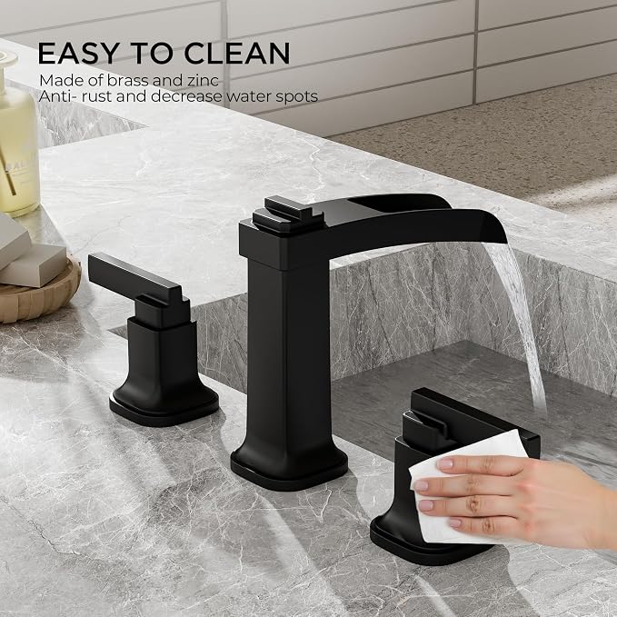 FORIOUS Brass Matte Black Commercial Bathroom Faucets 3 Hole, Waterfall Modern Widespread 8 Inch Bathroom Sink Faucet with Metal Pop-up Drain and Pre-Assembled Hose for Vanity, Restroom,Bathtub