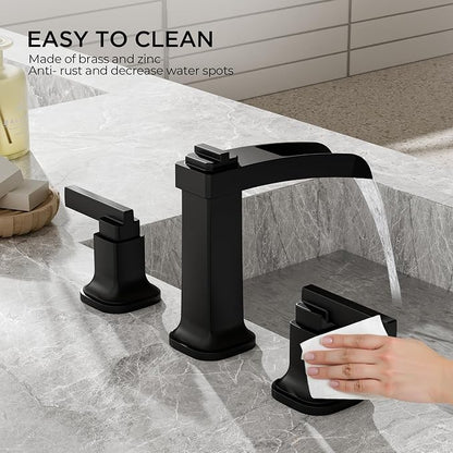 FORIOUS Brass Matte Black Commercial Bathroom Faucets 3 Hole, Waterfall Modern Widespread 8 Inch Bathroom Sink Faucet with Metal Pop-up Drain and Pre-Assembled Hose for Vanity, Restroom,Bathtub