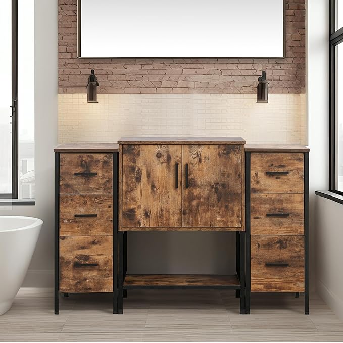 UEV 48" Rustic Brown Bathroom Vanity with Sink Combo,Industrial Iron Frame Bathroom Cabinet Sets with Double 3 Drawers Side Cabinet (only Sink Cabinet Sets)