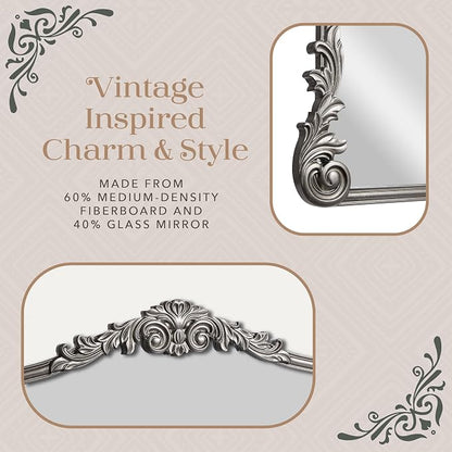 English Estate Carved Arch Wood Wall Mirror, Mirror for Entryway, Living Room, Bathroom, Antique Silver, 26x37
