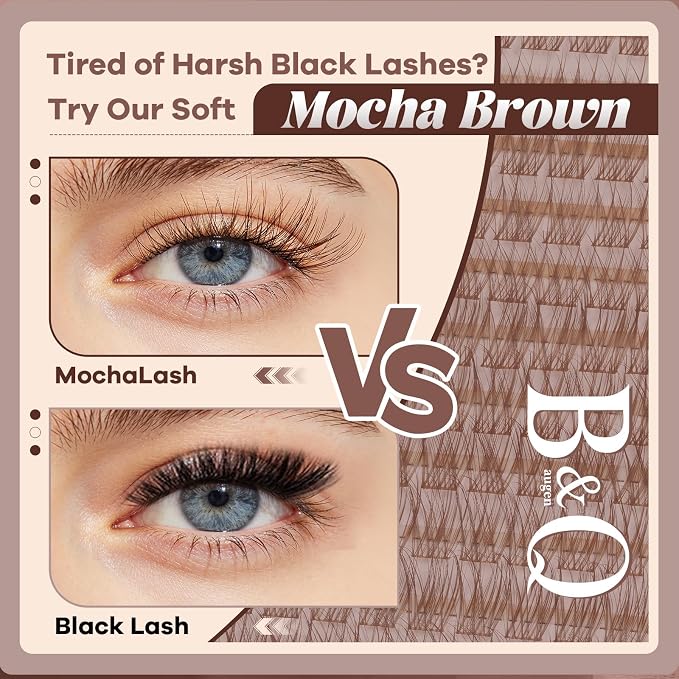B&Q Brown Lash Clusters Kit Natural Mochalash Clusters 03, Wispy Eyelash Clusters Kit C-Curl Cluster Eyelash Extensions 8-16mm Brown Lash Eyelashes Kit for Fair/Dark Hair(Mochalash 03 Set)