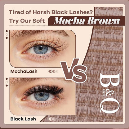 B&Q Brown Lash Clusters Kit Natural Mochalash Clusters 03, Wispy Eyelash Clusters Kit C-Curl Cluster Eyelash Extensions 8-16mm Brown Lash Eyelashes Kit for Fair/Dark Hair(Mochalash 03 Set)