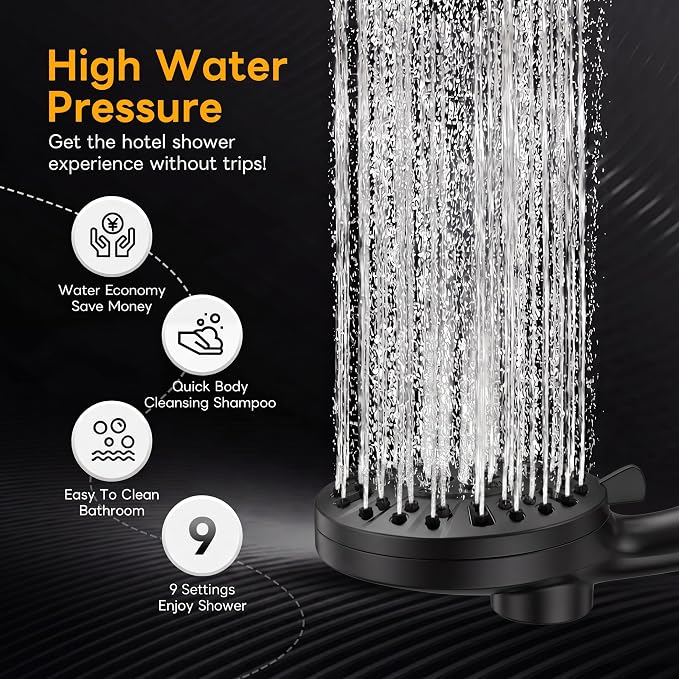 High Pressure Handheld Shower Head Matte Black- Anti-clog Nozzles, Built-in Power Wash to Clean Tub, Wall & Overhead Brackets,Magnetitc Rainfall Showerhead hand held