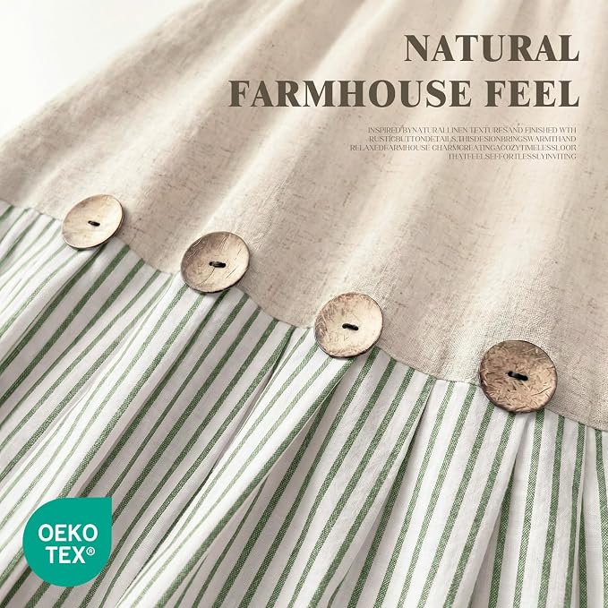 Farmhouse Shower Curtain Linen Button Green Stripe 72" W x 84" L | Farmhouse Style, Chic Button, Striped, Linen Fabric, Rustic, Country, Natural Look, Washable, for Bathroom Bathtub