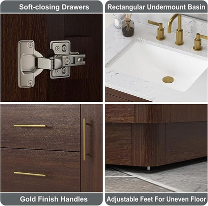 60 Inch Bathroom Vanity with Double Sink, Solid Wood Frame with Engineered Marble Countertop, Fully-Assembled Vanity with Soft-Close Drawers, Adjustable Feets, Warm Elm