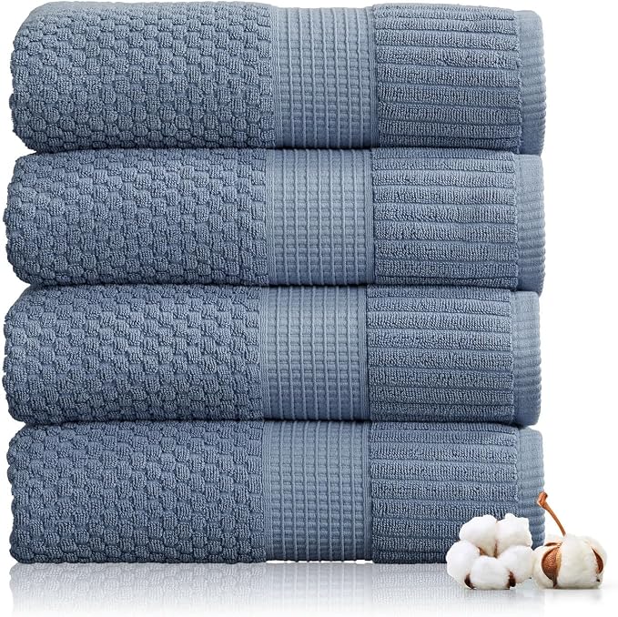 4 Pack 100% Cotton Bath Towels | Blue Towels | Oeko‑TEX Standard 100 | Soft & Absorbent, Quick‑Dry | Trinity Collection - Flint Stone