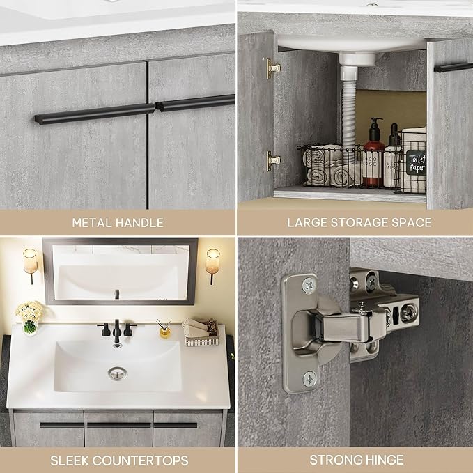 DWVO Modern 36" Bathroom Vanity with Sink Combo, Wall Mounted, White + Gray, 2 Soft-Close Doors, 1 Large Storage Cabinet, Ceramic Sink, Bathroom Storage