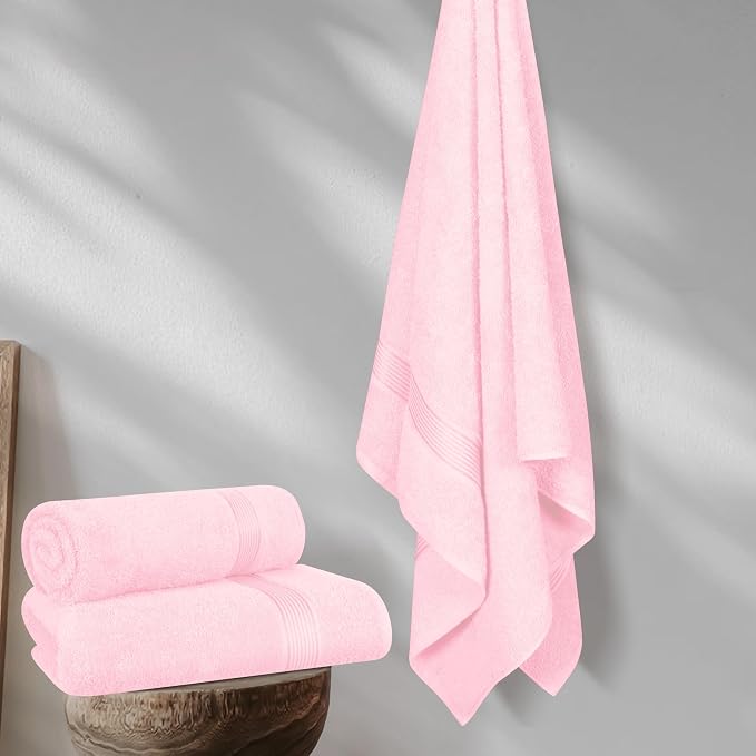 Cotton 2 Pack Oversized Bath Towel Set 28x55 inches, Large Bath Towels, Ultra Absorbant Compact Quickdry & Lightweight Towel, Ideal for Gym Travel Camp Pool - Pink