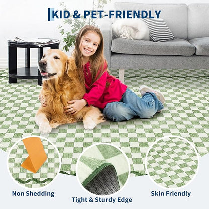 Garvee Washable Sage Green 8x10 Area Rug for Living Room Checkered Cherry | Coquette Non Slip Soft Bedroom Rugs Non Shedding Low Pile Stain Resistant Carpet for Nursery Grils Room Dorm Playroom Office