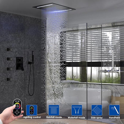 ENGA Shower System with Body Jets, 2 In 1 Functions Ceiling Mount 14x20inch LED Shower Head with 4 Body Jets, Rainfall Waterfall Shower Faucet Set, Matte Black