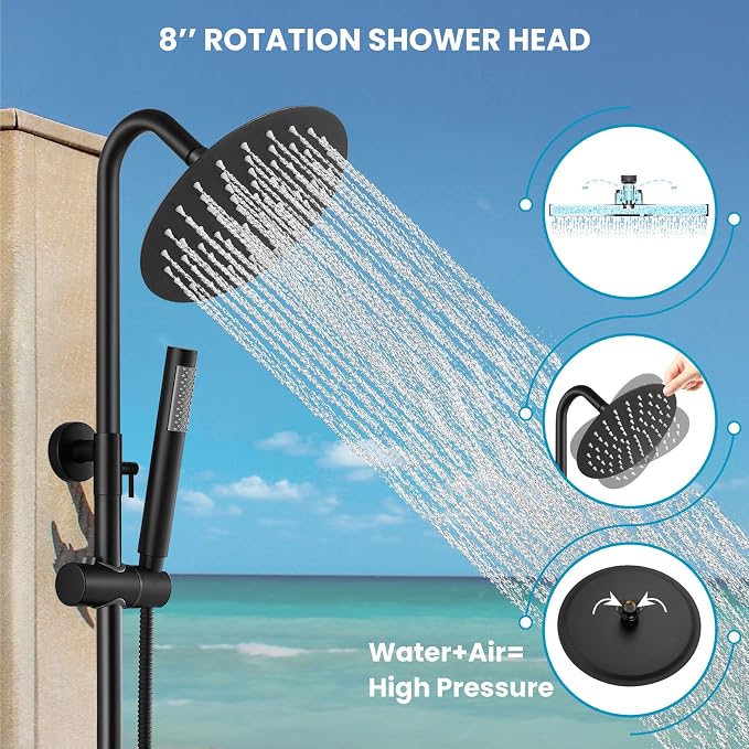 gotonovo 304 Stainless Steel Outdoor Shower Fixtures Exposed,Matte Black | 8 Inch Rain Showerhead with Handheld Sprayer Outdoor Outside Shower Kit System Faucet Head Valve Wall Mount for Pool Backyard